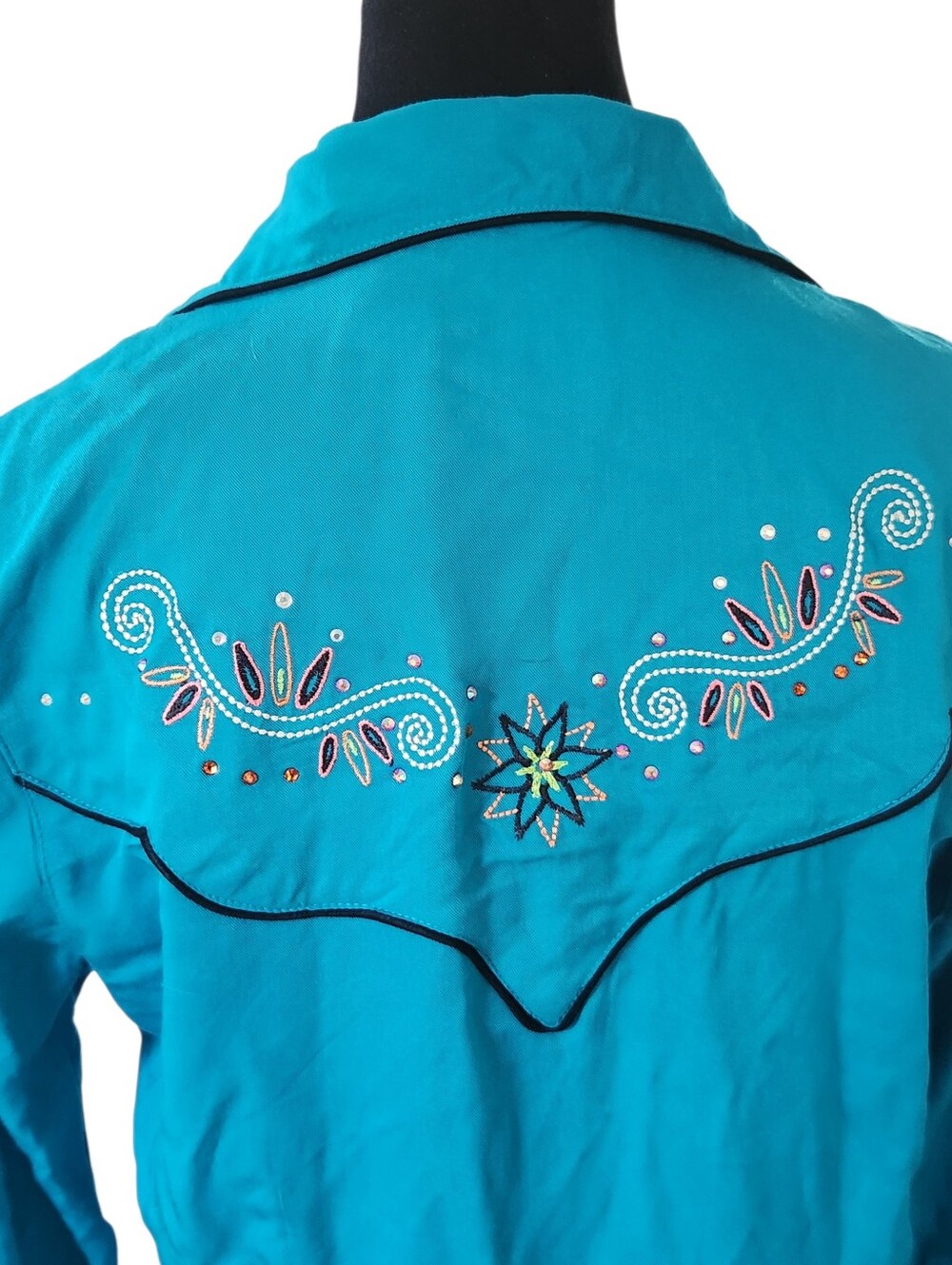 Wrangler Western Shirt Dress Small Turquoise Blue Long Sleeve Rodeo Embroidered - Picture 10 of 11